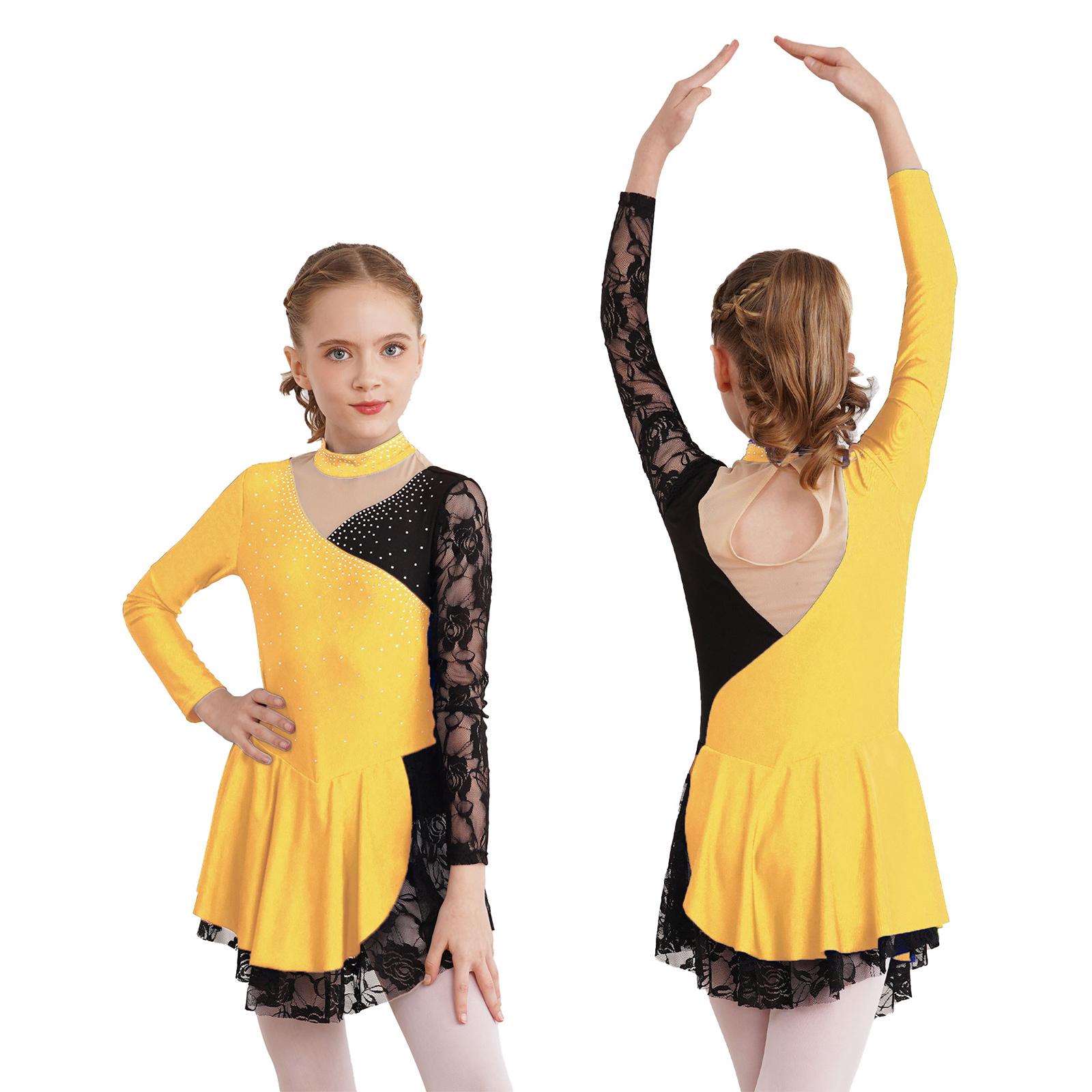 

Дитяча сукня для дівчаток, стильне танцювальне плаття з довгим рукавом, мереживне плаття в стилі печворк для катання на ковзанах Ліричний танець 9-10 Years жовтий