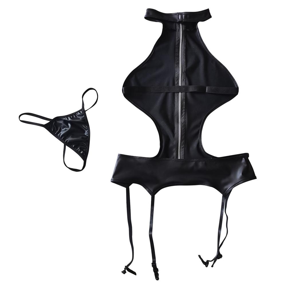 Maillot de bain une pièce sexy en cuir verni moulant pour femme
