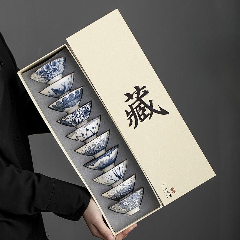 

Blue and White Porcelain Tea Cup Set 10 Pieces Gongfu Tea Set Vintage Bamboo Hat Cup Chinese Style Home Use Gift 70ml
