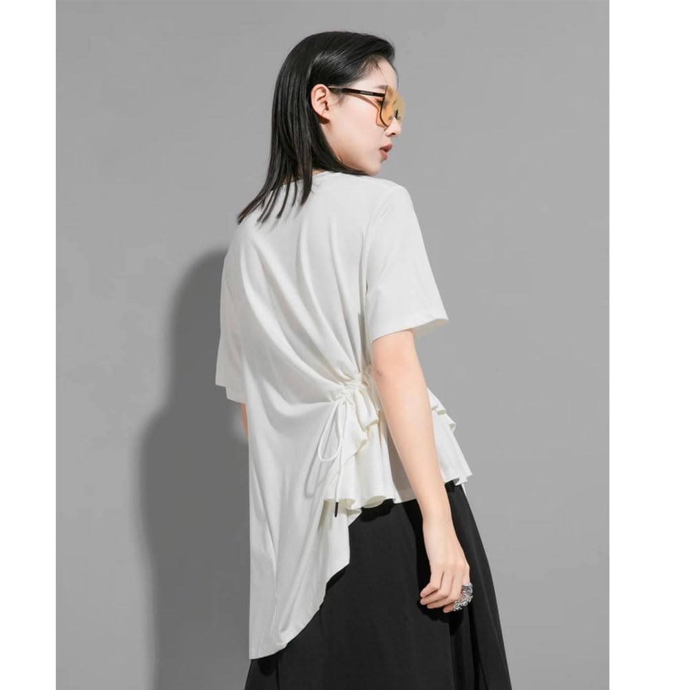 Morino Asymmetrical Short Draped Loose Women's T-Shirt, Sleeve, Hem, Slimming, Fit, Unique, Fashionable, Spring/Summer (L, White)
