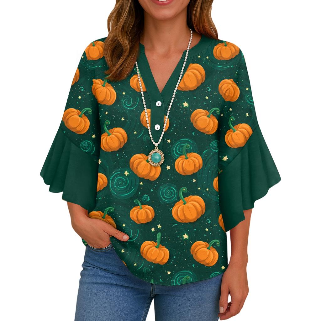 Women's V-neck Seven Quarter Sleeved Shirt Halloween Printed Top Casual Shirt