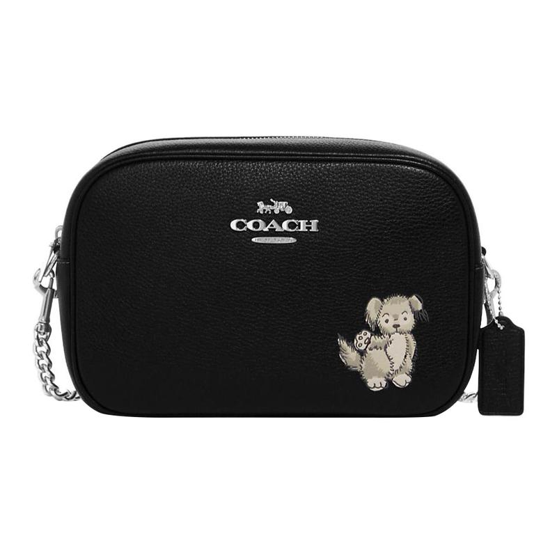 

COACH crossbody bag Jamie 24 zippered detachable shoulder strap cartoon puppy print refined pebbled leather camera shoulder medium women s black чорний