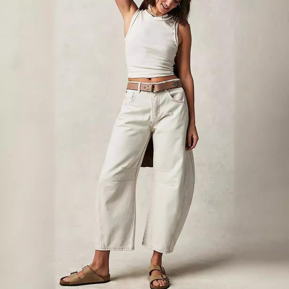 Jeans larghi a vita media-bassa da donna, vestibilità rilassata, casual, con cuciture sul ginocchio, lavaggio vintage, pantaloni lunghi in denim, streetwear quotidiano, autunno, pantaloni larghi in denim