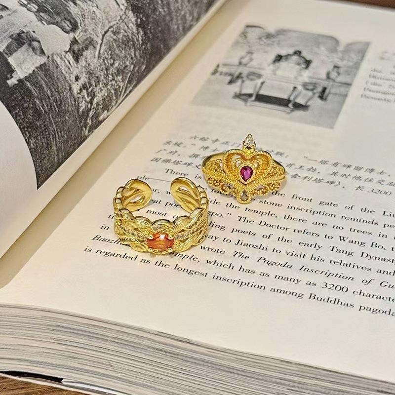 Medieval Vintage Light Luxury Love Crown Open Ring Zircon Exquisite Elegant Retro Court Style Index Finger Ring