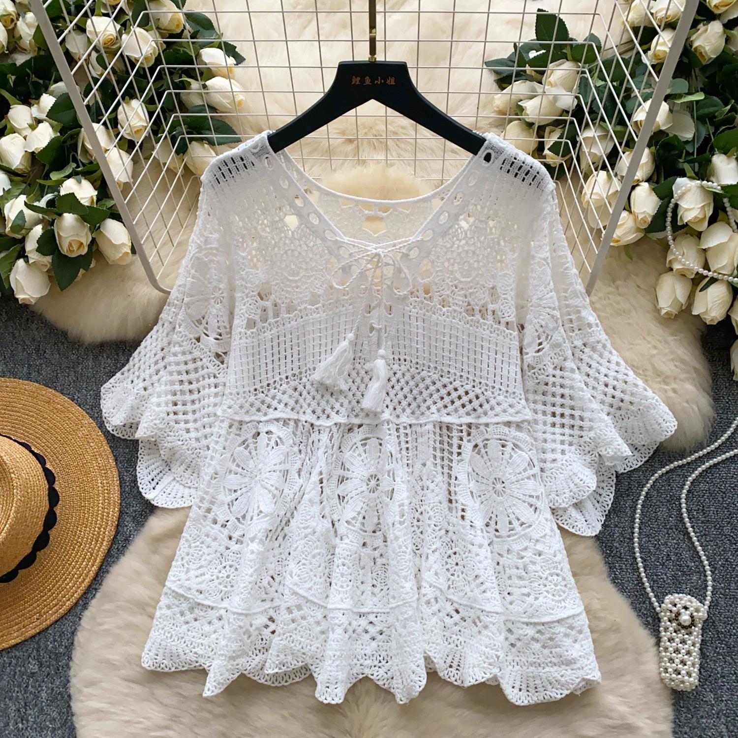 

DIMANAF 2025 Новые футболки Летние женские пляжные футболки Базовые модные топы Кружевные футболки Повседневные свободные белые one size белый