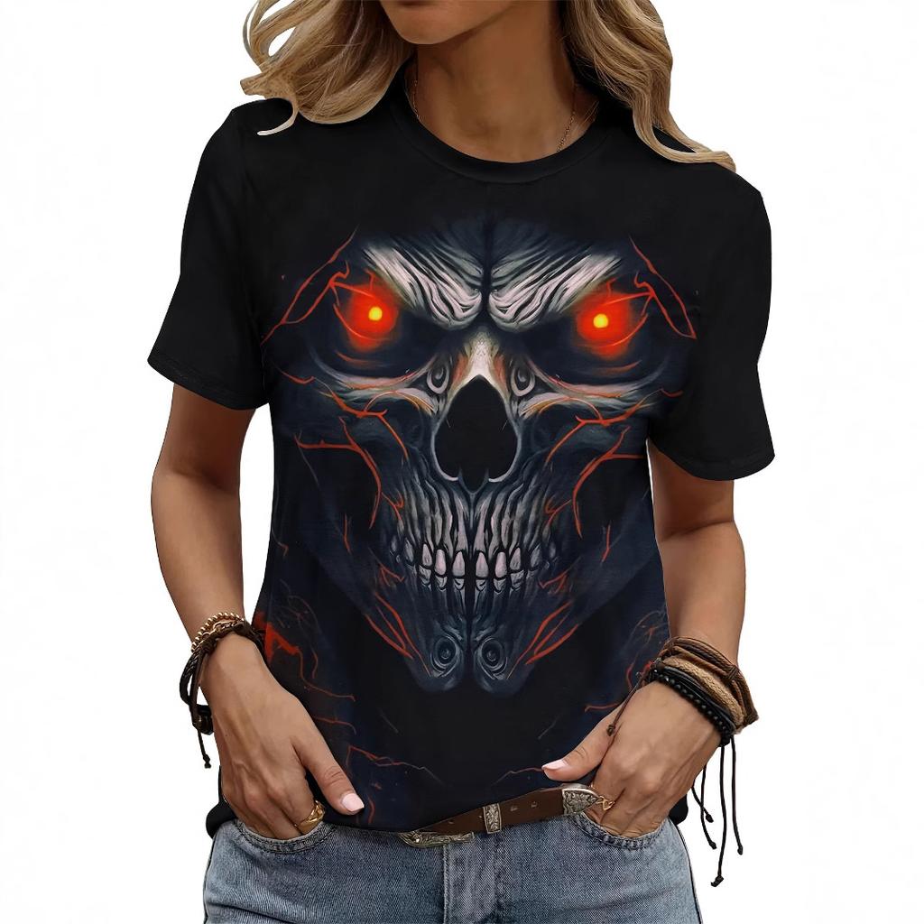 Summer Round Neck 3D Kull Print Top Fashionable Casual Short Sleeved Women's T-shirts