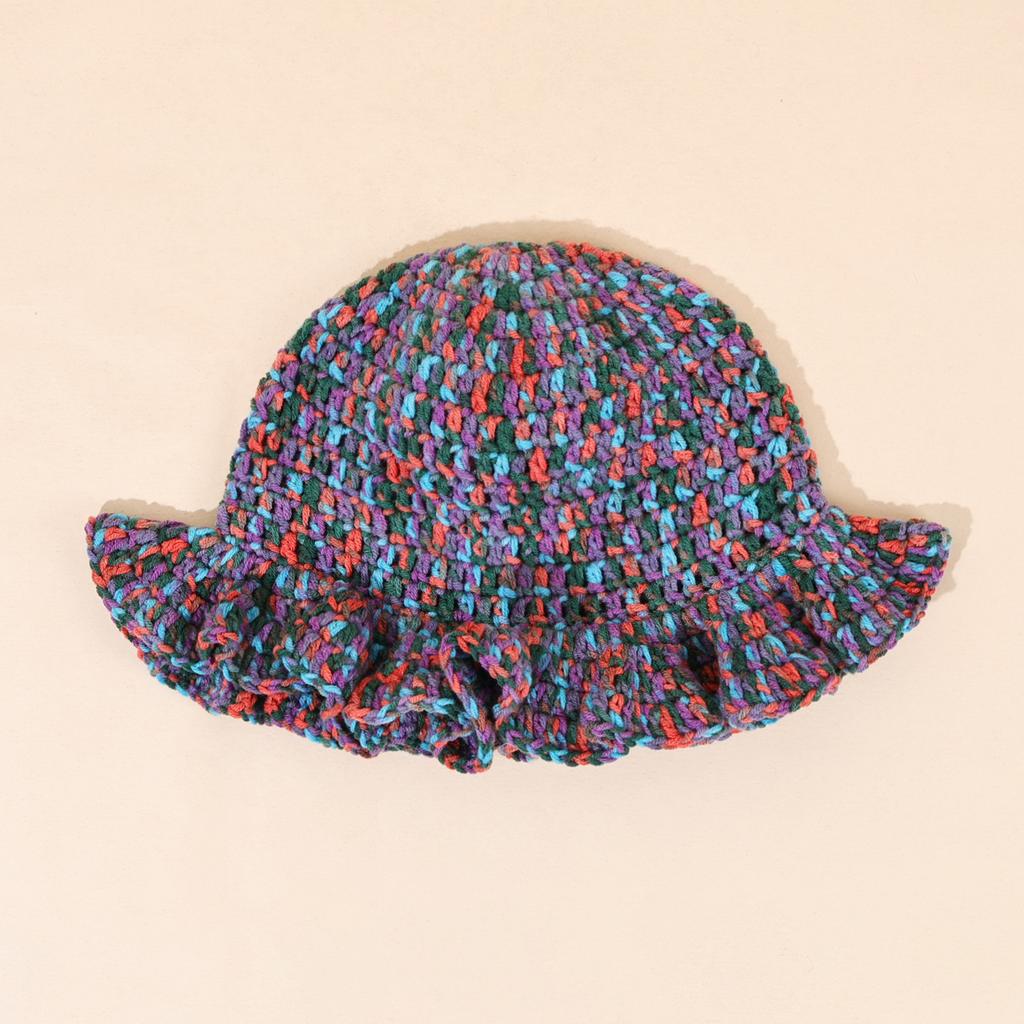 Autumn/winter Warm Handmade Knitted Mixed Color Lotus Leaf Edge Knitted Basin Hat Woolen Fisherman Hat