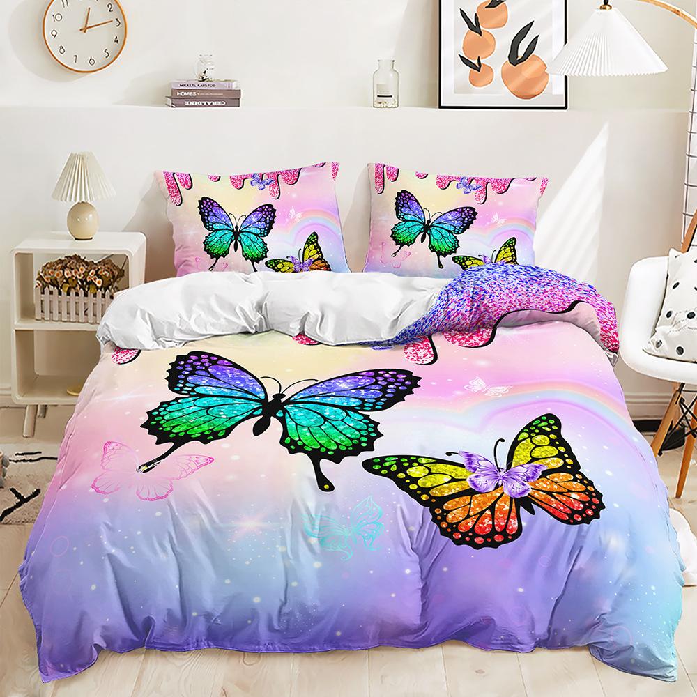 Butterfly Mushroom Flower Digital Printing Duvet Set Three-Piece Bedding Set