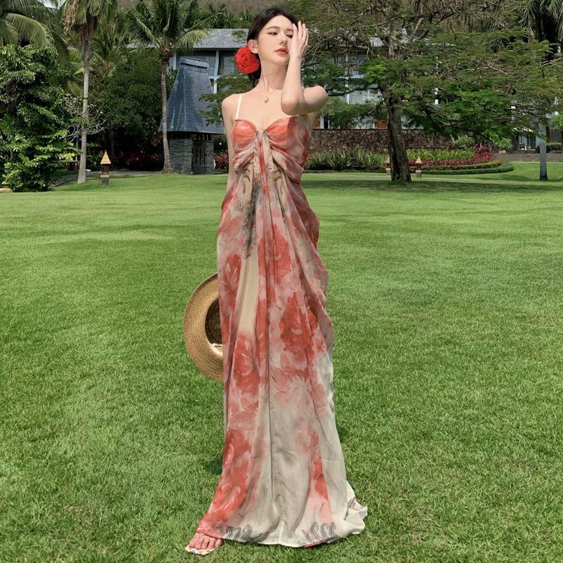 Seaside Vacation Beach Dress French Temperament Tie-dye Tube Top Dress Women's Print Suspender Skirt