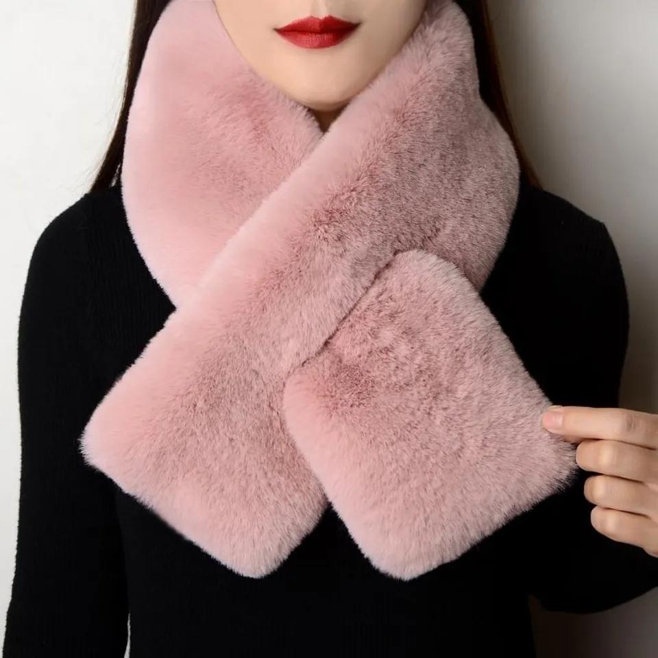 Women Fashion Winter Faux Fur Scarf Pure Color Outerwear Scarf Warm