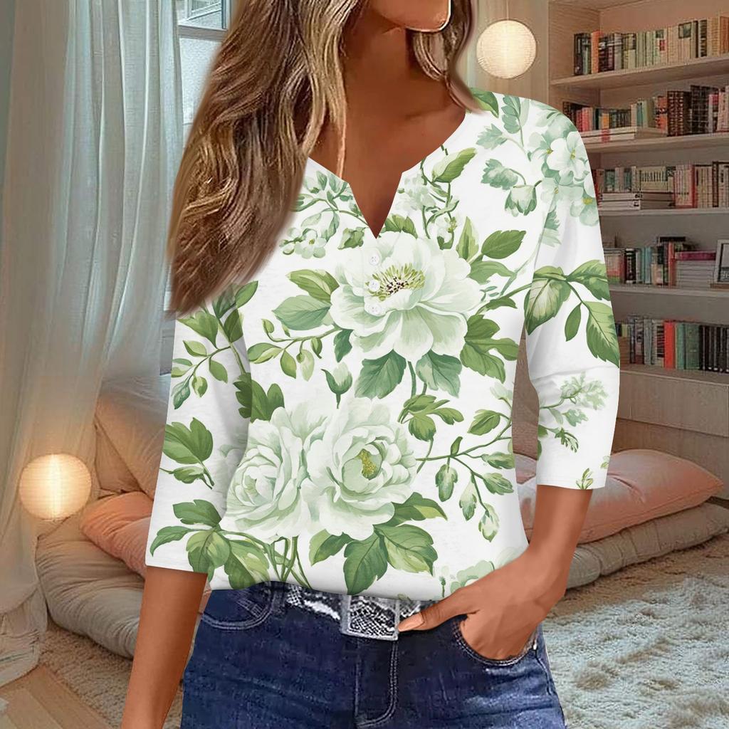 Damenmode Lässiges T-Shirt mit Blumendruck, V-Ausschnitt, dekorativen Knöpfen und Dreiviertelärmeln