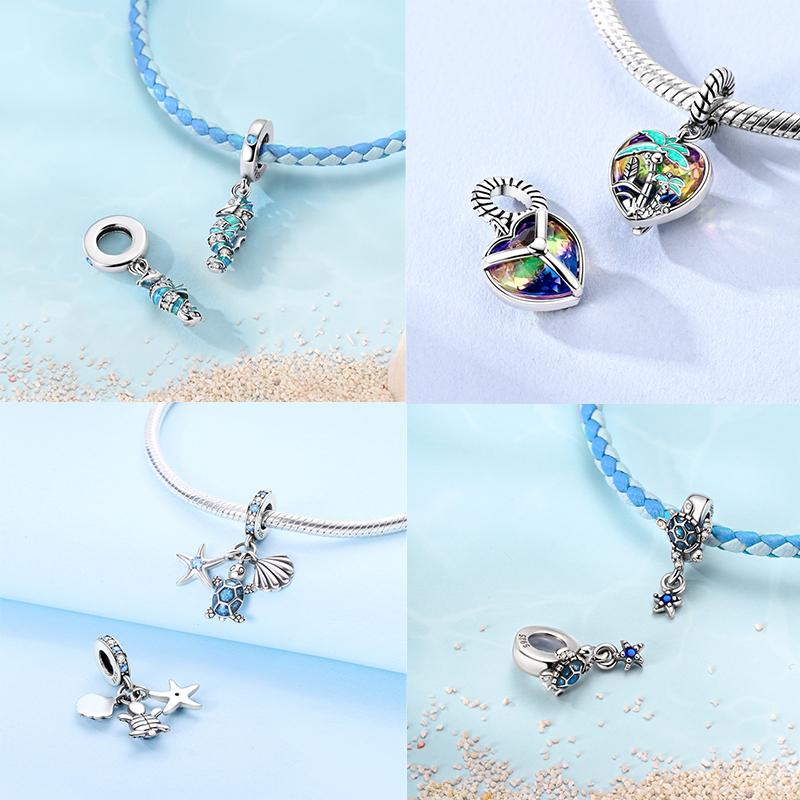 Summer Ocean Series Bead Components Copper Metal Turtle Charm Bead Components Blue Heart Dangle Designed For Women Compatible With Authentic Original