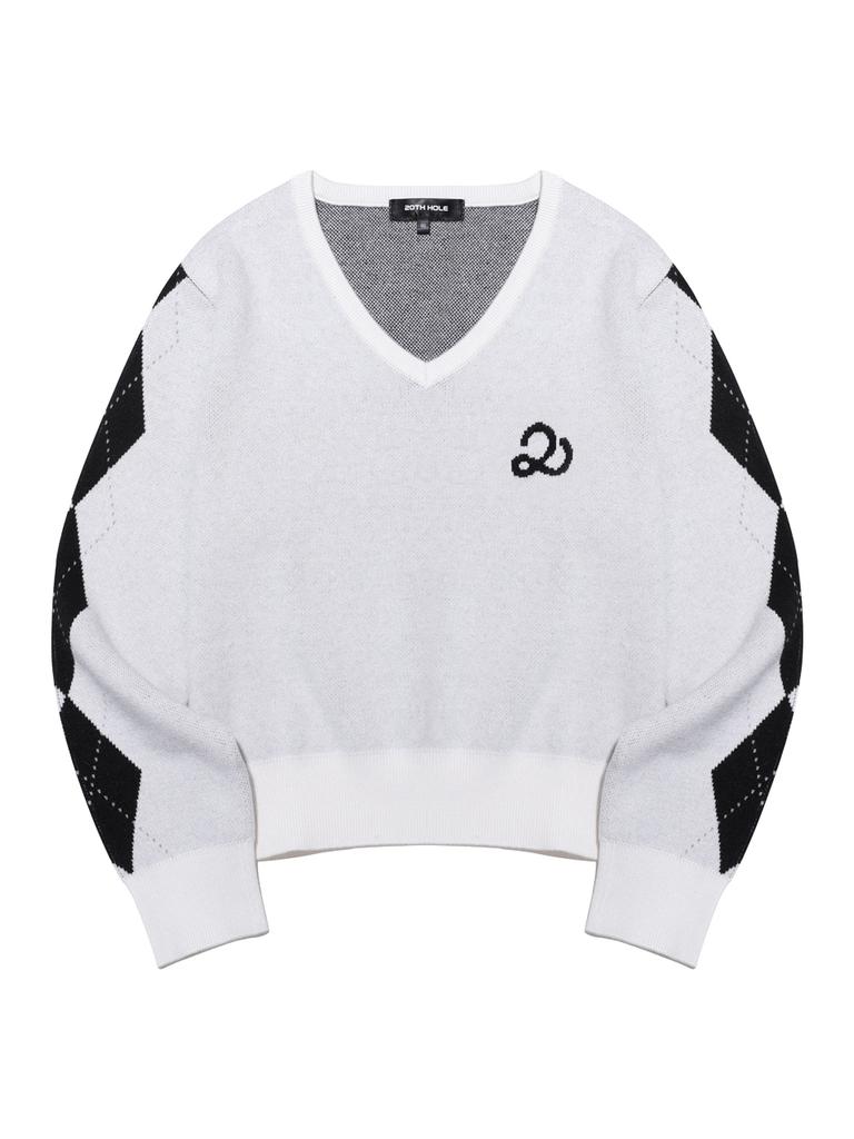 20TH HOLE Argyle Pattern Sleeved Semi-Crop Knit Women [White]