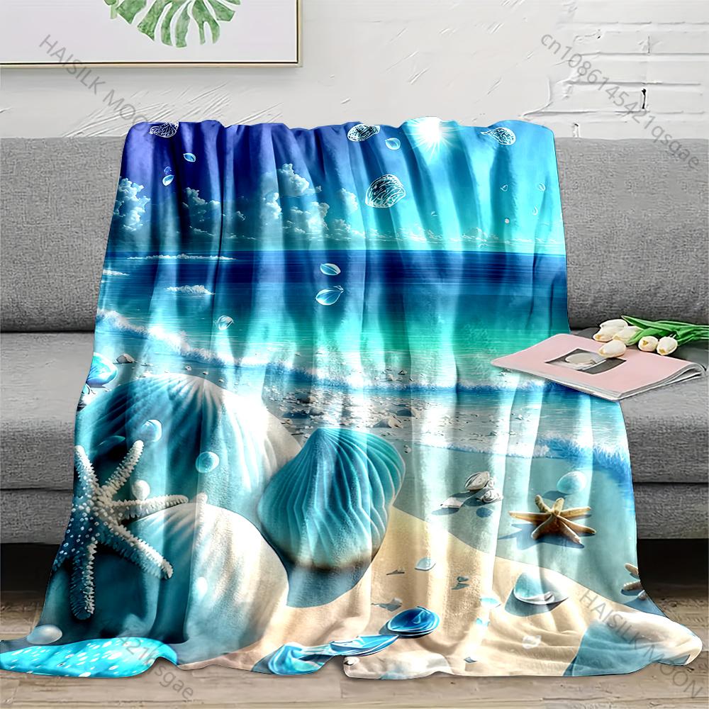 1PC Blue seashells waves beach Print Adult Children Warm Blankets Home Travel Car Soft and Comfortable Suitable for all seasons