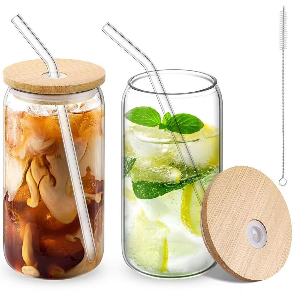 16oz Mason Jar with Bamboo Lid & Straw - 500ml Glass Beverage Cup