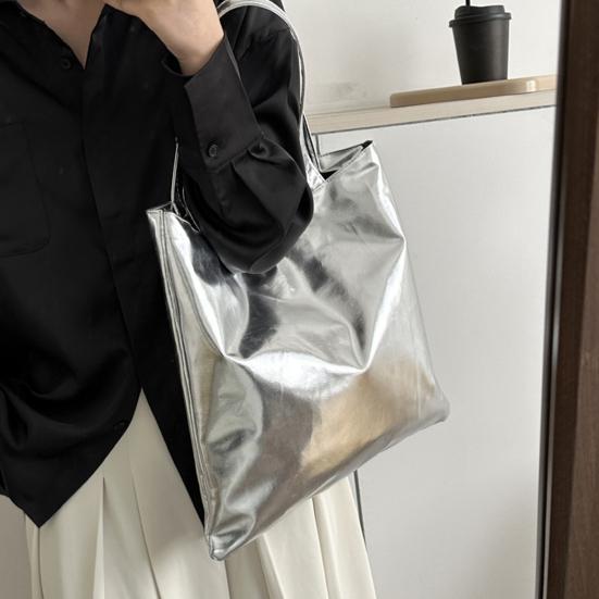 Glossy Tote Bag Women Shiny Solid Color Shoulder Bag High Capacity Faux Leather Handbag for Date Street Party Shopping