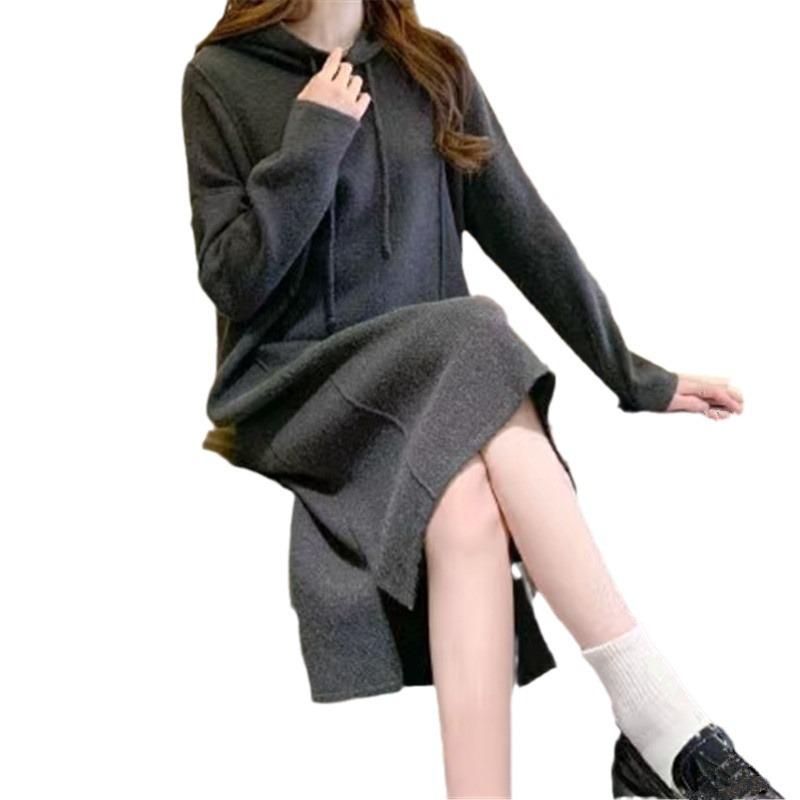 Autumn and Winter New Hooded Casual Sweatshirt Knitted Dress Loose Design Lazy Medium and Long Sweater