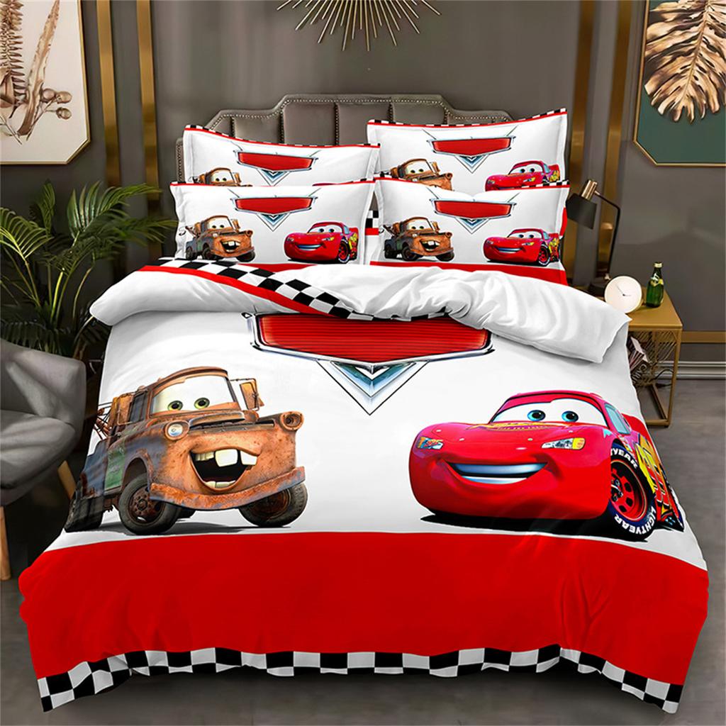 Cartoon Cars Bedding Sets with 1/2 Pillowcases, Lightning McQueen Duvet Cover Boy's Bedclothes Bed Linen Gift for Kids Boys
