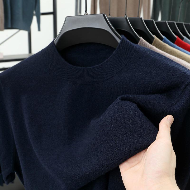 Men's 100% Wool Round Neck Sweater - Solid Color, Long Sleeve, High-End Casual Base Layer for Autumn/Winter