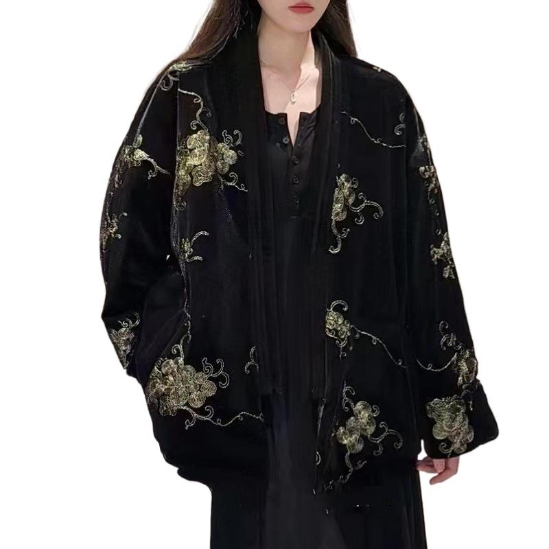 Black Color Flower Printed Embroidered Velvet Fabric African Jacquard Fabrics for Cheongsam Dress Clothing 130cm Width