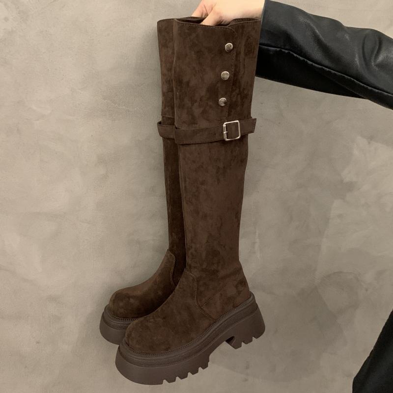 

Design Belt Buckle Pleated Women Knee High Boots Fashion Thick Heels Party Dress Shoes Autumn Winter Ladies Slim Long Booties 35