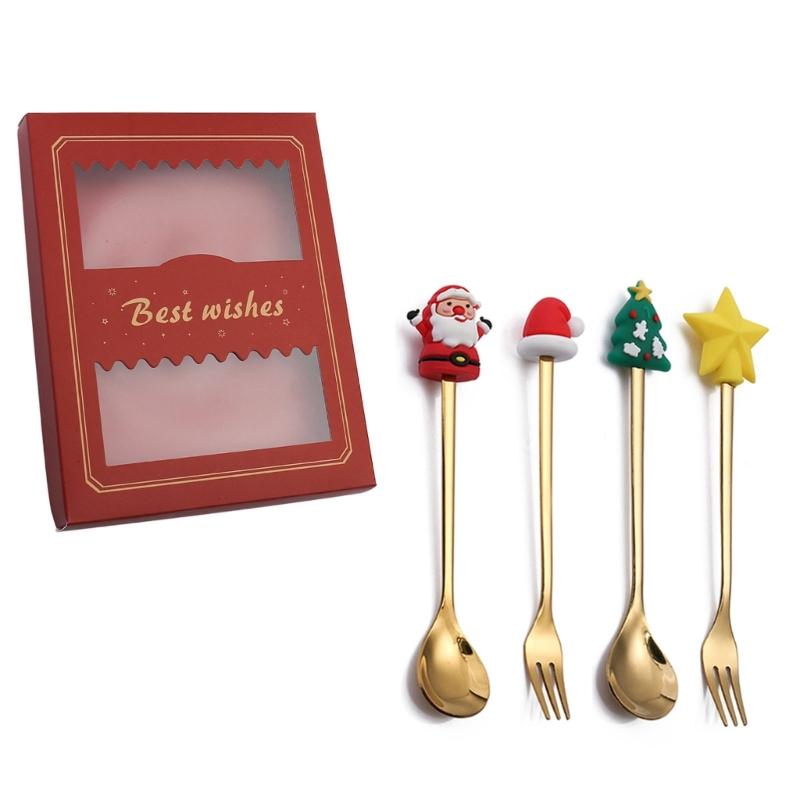 4pcs Christmas Spoons Forks with Gift Box Coffee Spoon Tea Stirring Spoon Xmas
