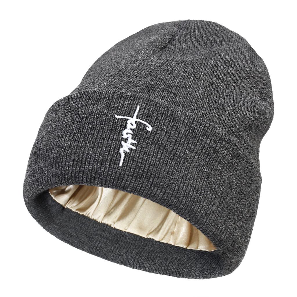 Embroidered Letter Beanies Bonnet For Women&Men 2Layer Silk Satin Lined Anti Static Knitted Hat Autumn Winter SKi Skullies Cap
