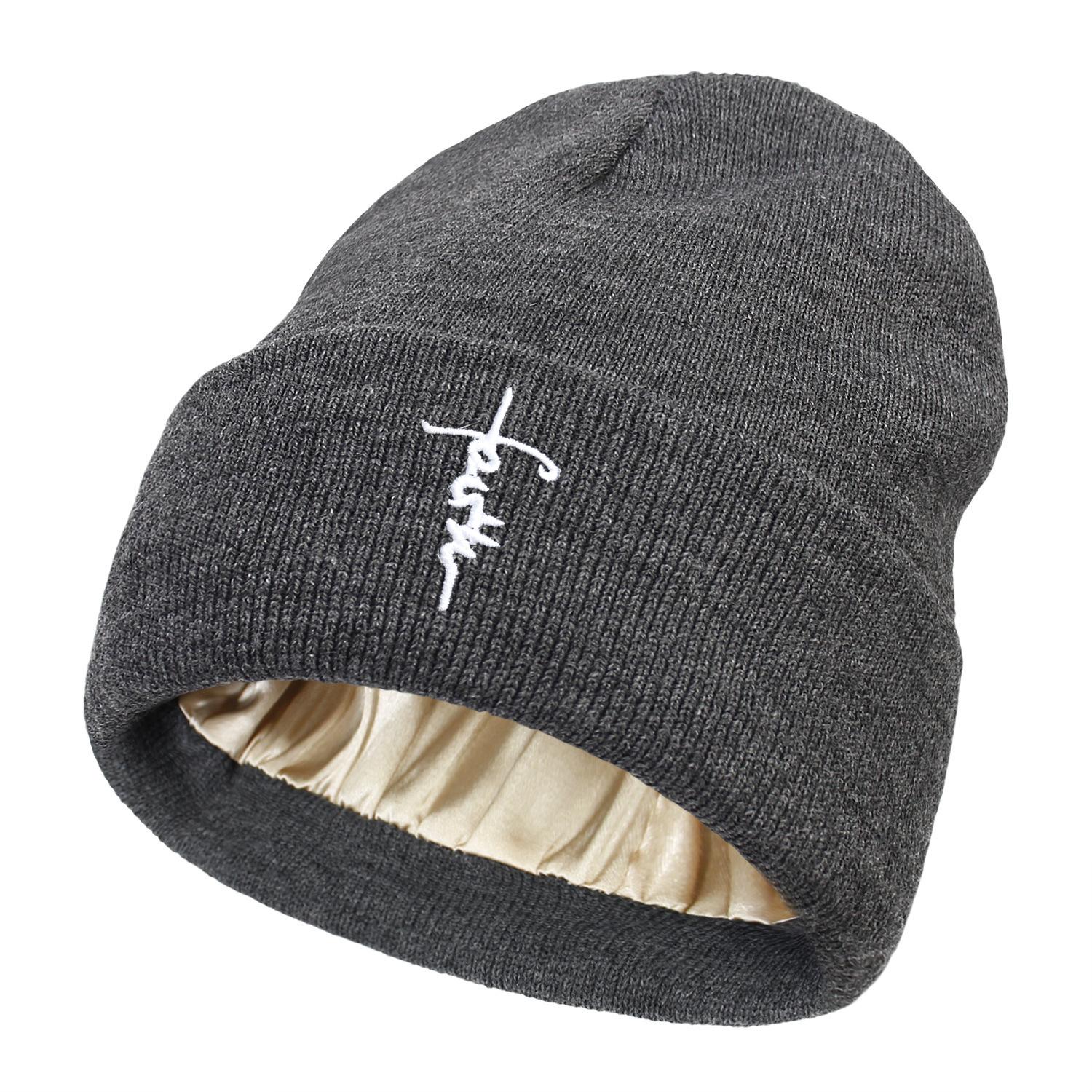 

Embroidered Letter Beanies Bonnet For Women&Men 2Layer Silk Satin Lined Anti Static Knitted Hat Autumn Winter SKi Skullies Cap