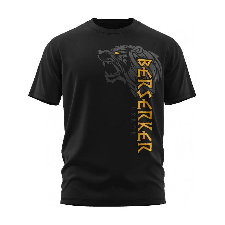 Men's Black Short Sleeve T-Shirt with Viking Berserker Bear Graphic, Soft Cotton Blend Crew Neck Tee for Casual Daily Wear or Festival Outfits