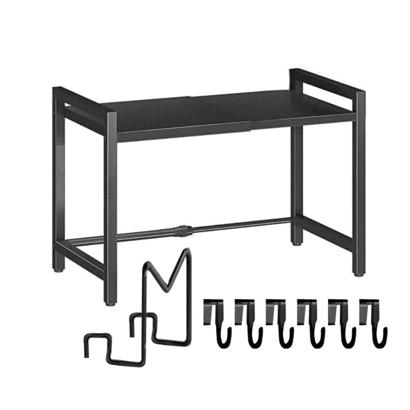 Adjustable Microwave Oven Rack with Hanging Hooks Sturdy Kitchen Counter Storage Portable Carbon Steel Storage Rack