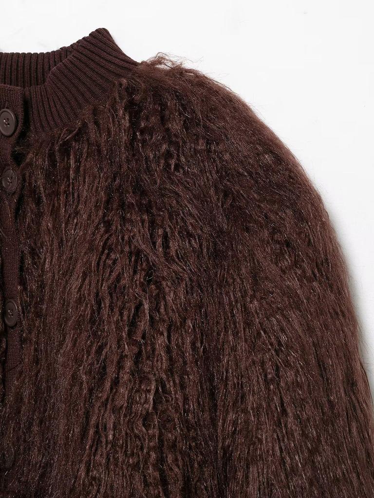 2024 Winter Women's Fashion European & American Style Faux Fur Knit Cardigan
