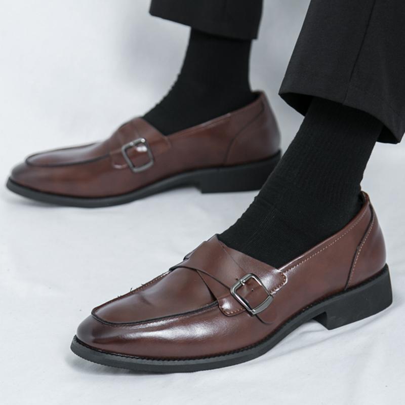 Fashion New Men's Pointed Patent Leather Formal Shoes Male Monk Strap Loafers Wedding Prom Homecoming Flats Sapato Social Masculino