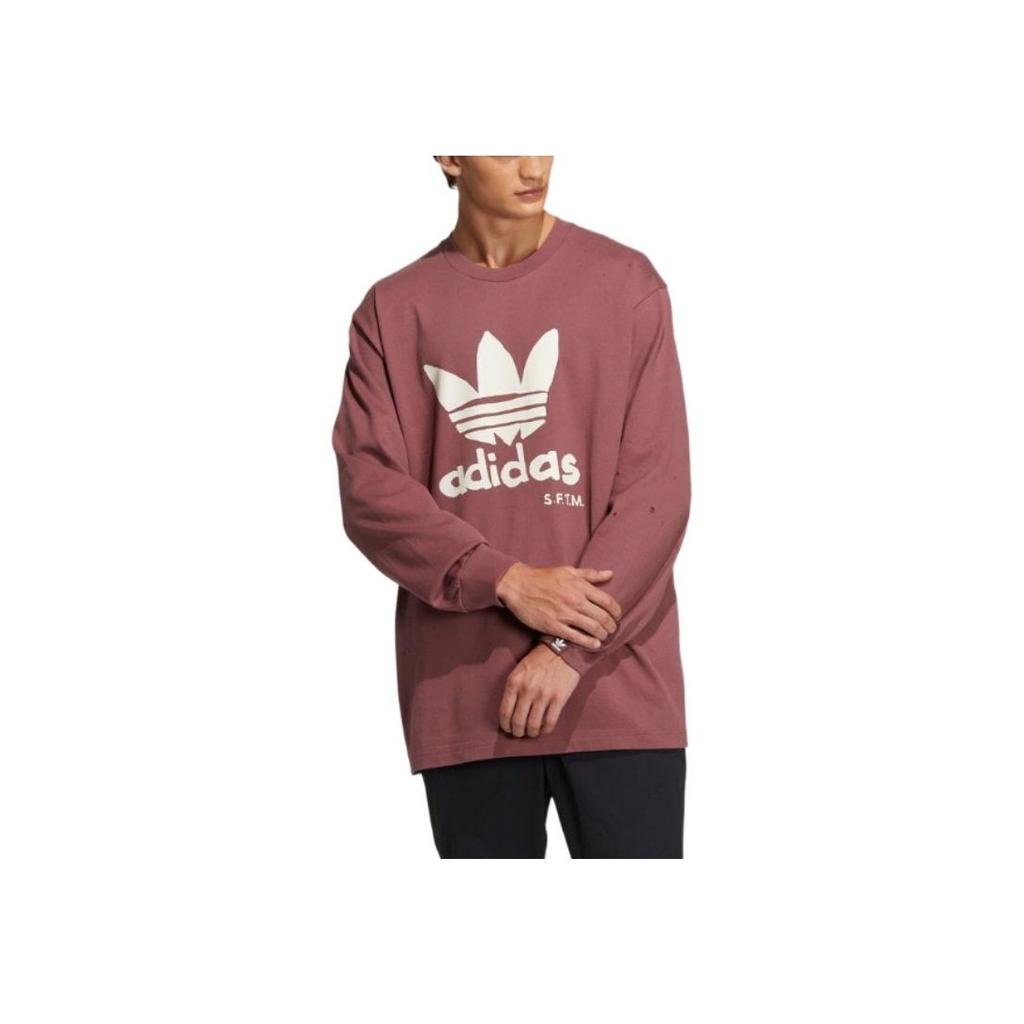 adidas Originals X SFTM Co-Branded Logo Print Loose Round Neck Long Sleeve T-Shirt Unisex Tops Burgundy HS9461