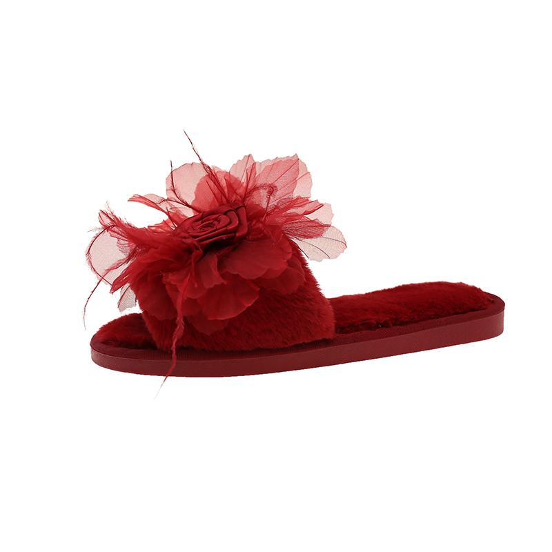 Fashion Cotton Mopping Winter New Round Toe Open Toe Flower Suede Non-slip Wear-resistant Flats