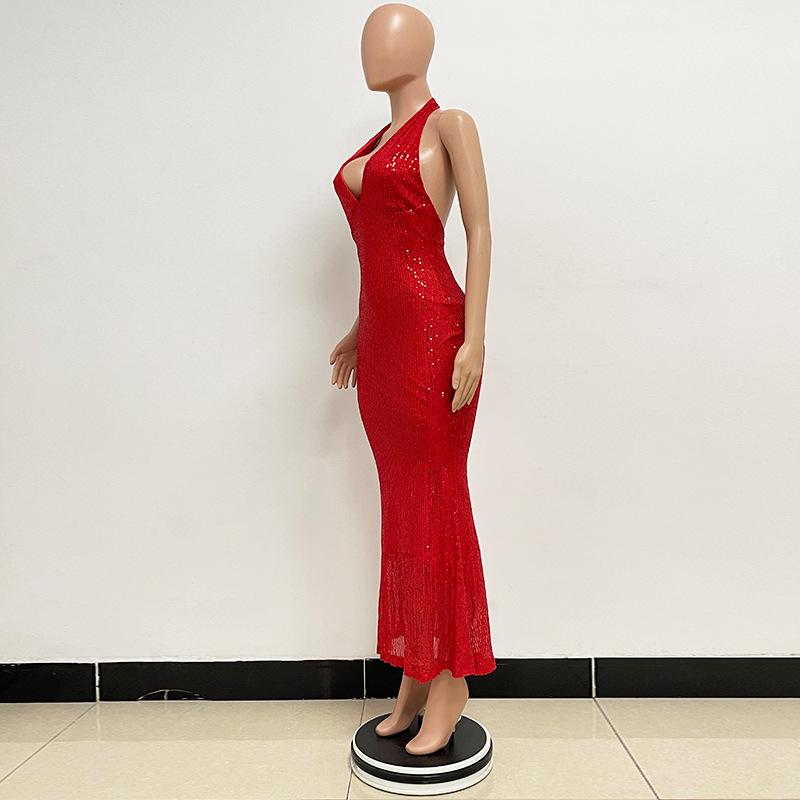 Women's Haute Couture Deep V Halter Halter Gown Dress Long Sequin Fishtail Dress