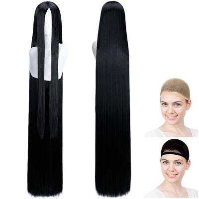 Cosplay Peruca Super Longa Cabelo Longo 150cm Preto Branco Merche Peruca Net Conjunto de 2