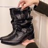 Stivali Western Pieghettati a Mezza Gamba Donna Nuovi Primavera Autunno Borchie Punta Acuta Tacco Blocco Scarpe in Pelle