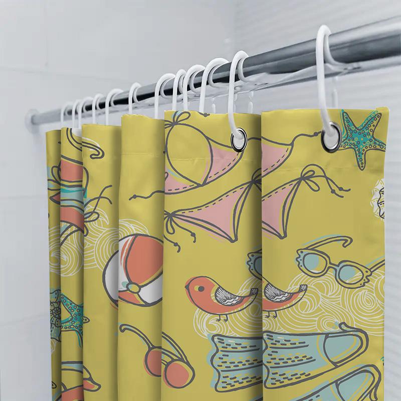 Summer-themed shower curtain with beach accessories perfect for adding a touch of fun to your bathroom