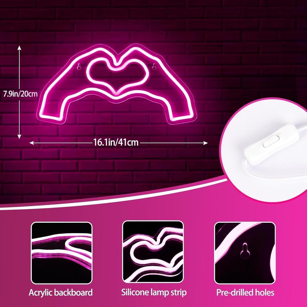 Pink Heart Neon Sign for Wall Decor,Heart LED Light,Heart Neon Light for Girl's Room, Hand Heart Light Decor for Wedding Birthday,Party,Valentines