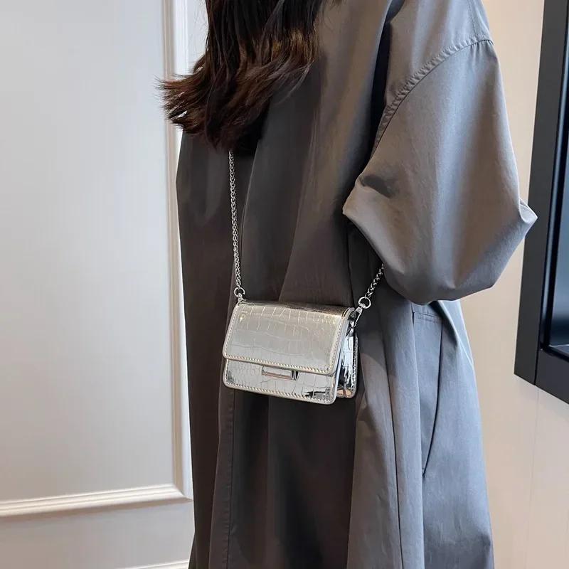 Vintage Women Silver Chic Crossbody Bag Luxury Designer Small Shoulder Bags Fashion Gold Mini Square Cute Pu Leather Handbag