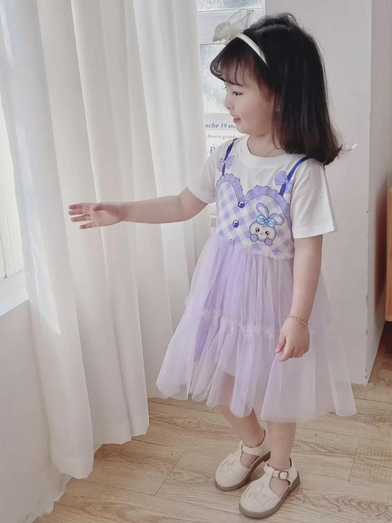 2023 Summer Girls' Cute Cotton Princess Dress with Mesh Cake Skirt