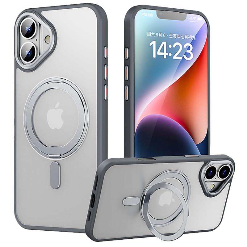 

For iPhone 16 Plus Case Compatible with MagSafe TPU+Acrylic+Metal Kickstand Matte Phone Cover Grey