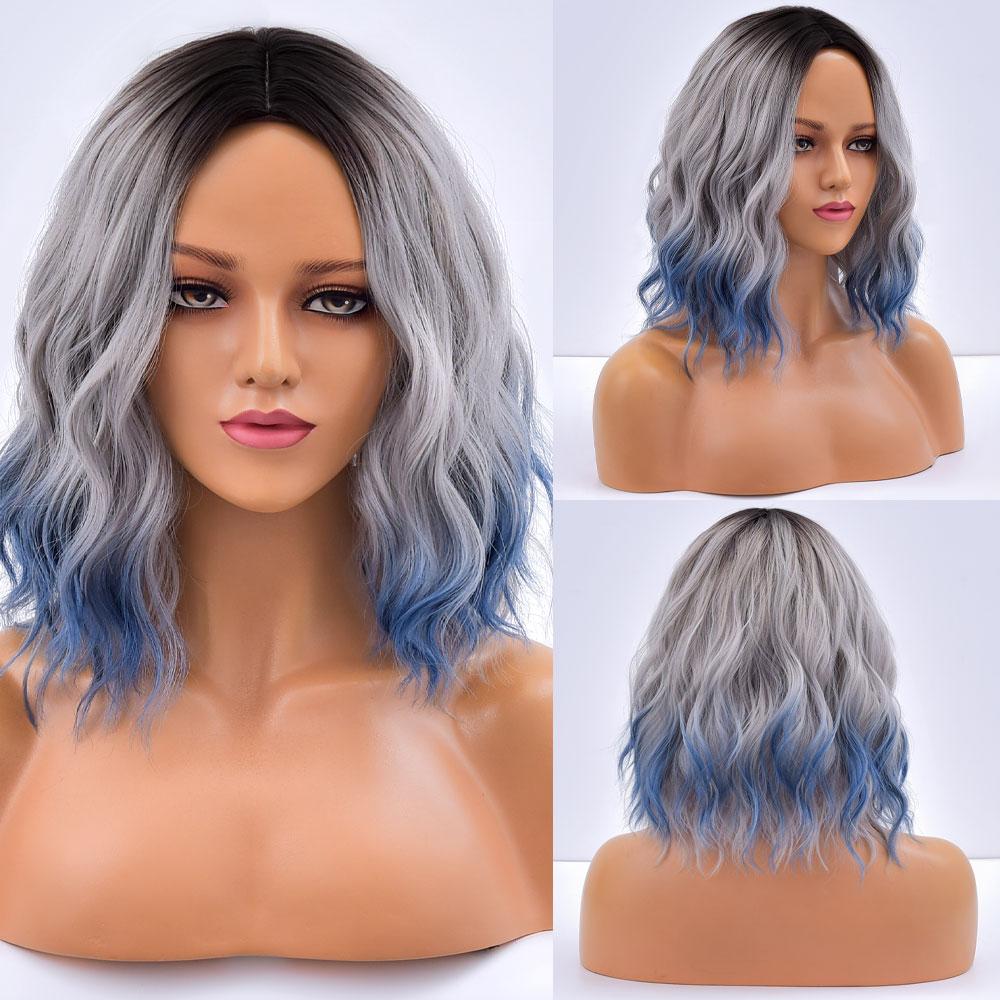 Short Bob Synthetic Wig Ombre Pink Water Wave Hair Wigs For Black Women With Bangs Cosplay Lolita Heat Resistant Natural Hair