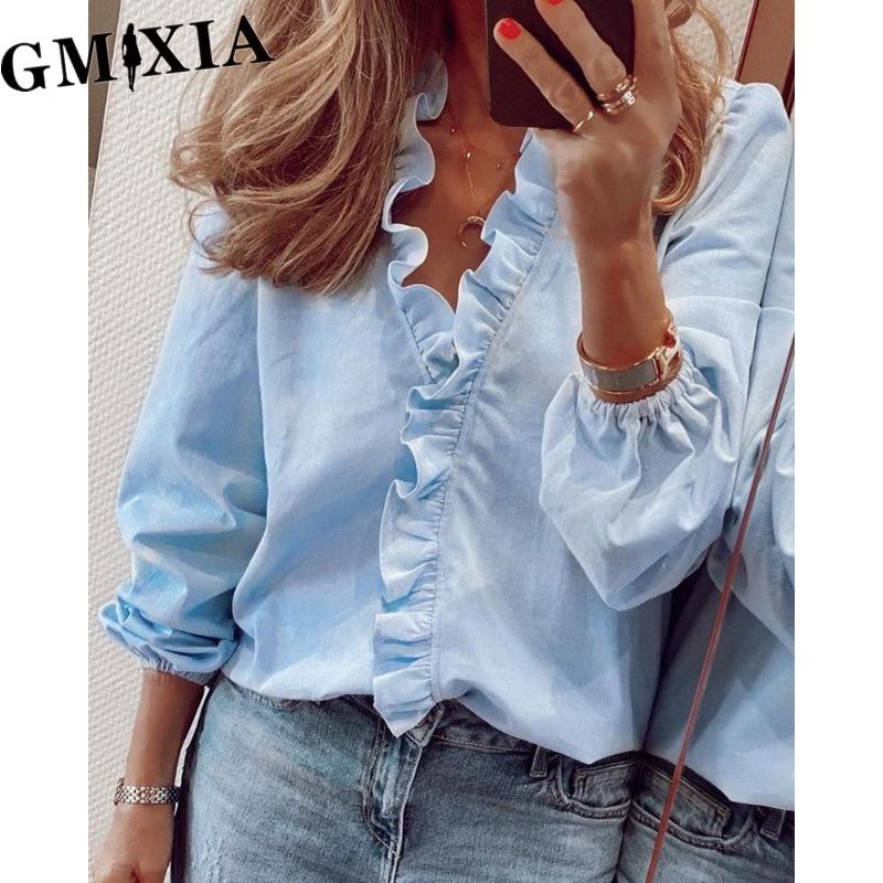 GMXIA Women's Fashion Casual Leisure Solid Color Print Long Sleeve V Neck Blouses & Shirts