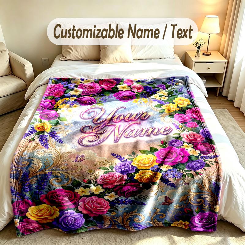 Floral Garden Theme Soft Blanket Personalized Custom Name Text Print Warm Blanket Home Sofa Bedroom Decor