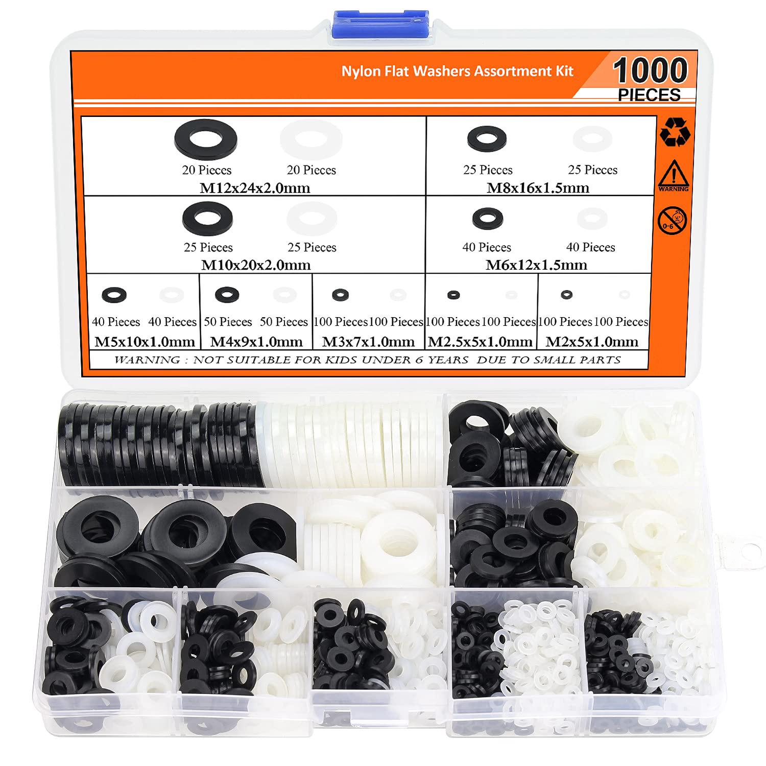 1000-Piece Black Nylon Flat Washer Set - Insulating Plastic Gaskets in Box.
