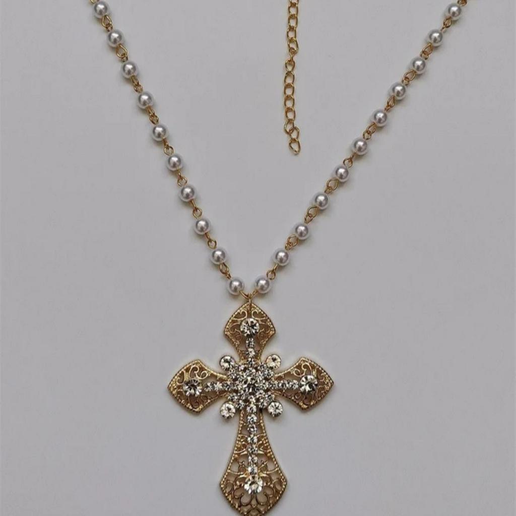 Victorian Gothic Punk Cross Necklace - Large White Pearl Vampire Pendant Diamond Jewelry