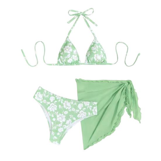 3Pcs/Set Swimsuit Set Halter Chest Pads No Underwire Bra Swimming Briefs Sheer Trim Cover Up Skirt Set Floral Print Split Swimsuit