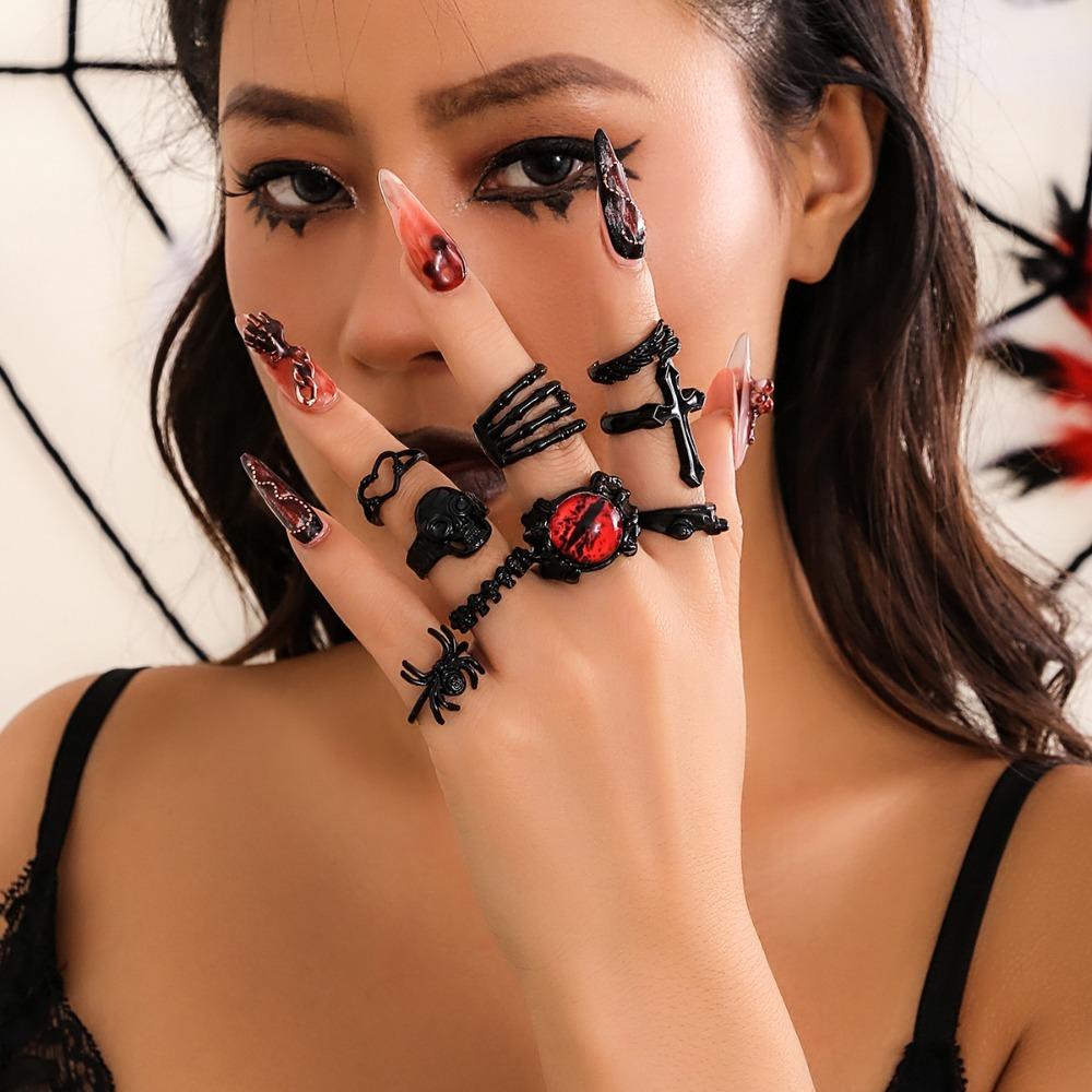6pcs Set Punk Gothic Black Skull Spider Cross Devil's Talons Heart-shaped Open Rings for Women Halloween Party Jewelry Sets Gift