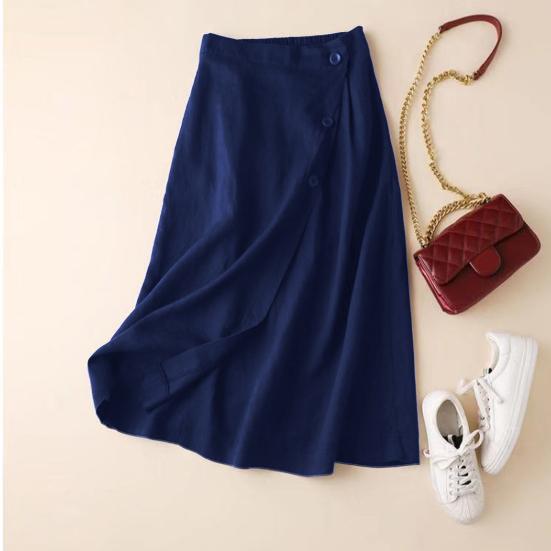 Dámská midi sukně Jednobarevná Velký lem Elastický pas Knoflíček Výzdoba Streetwear Dámská letní sukně s vysokým pasem Dámské oblečení